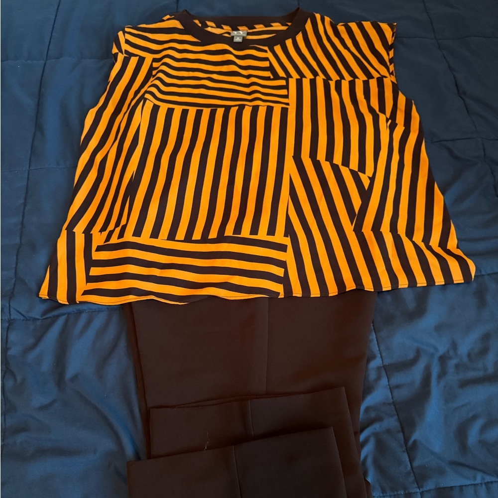 Orange &  Brown U Neck Blouse (XL) Paired with Brown Bootcut Trouser Pants (18)